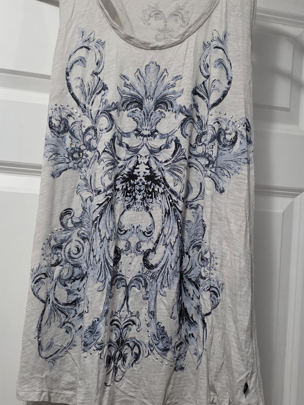 Rock & Republic Cream Tank with Blue Scroll Damask Print